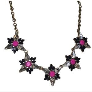 J. Crew Antique Gold Tone Elegant Pink and Black‎ Floral Bibb collar Necklace